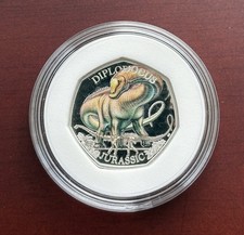 2024 | Rare Diplodocus Silver Proof Coloured Dinosaur 50p Coin, Loose in Capsule