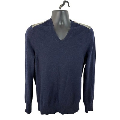 Burberry Brit Men's Cashmere Sweater V Neck Nova Check Trim Navy