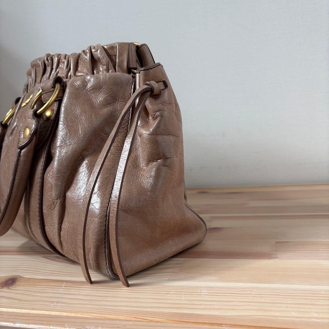 美品 Miu Miu Vitello Lux Ribbon Bag Brown Miu Miu Vitello Lux Ribbon 2Way Leather Handbag Shoulder Bag Brown
