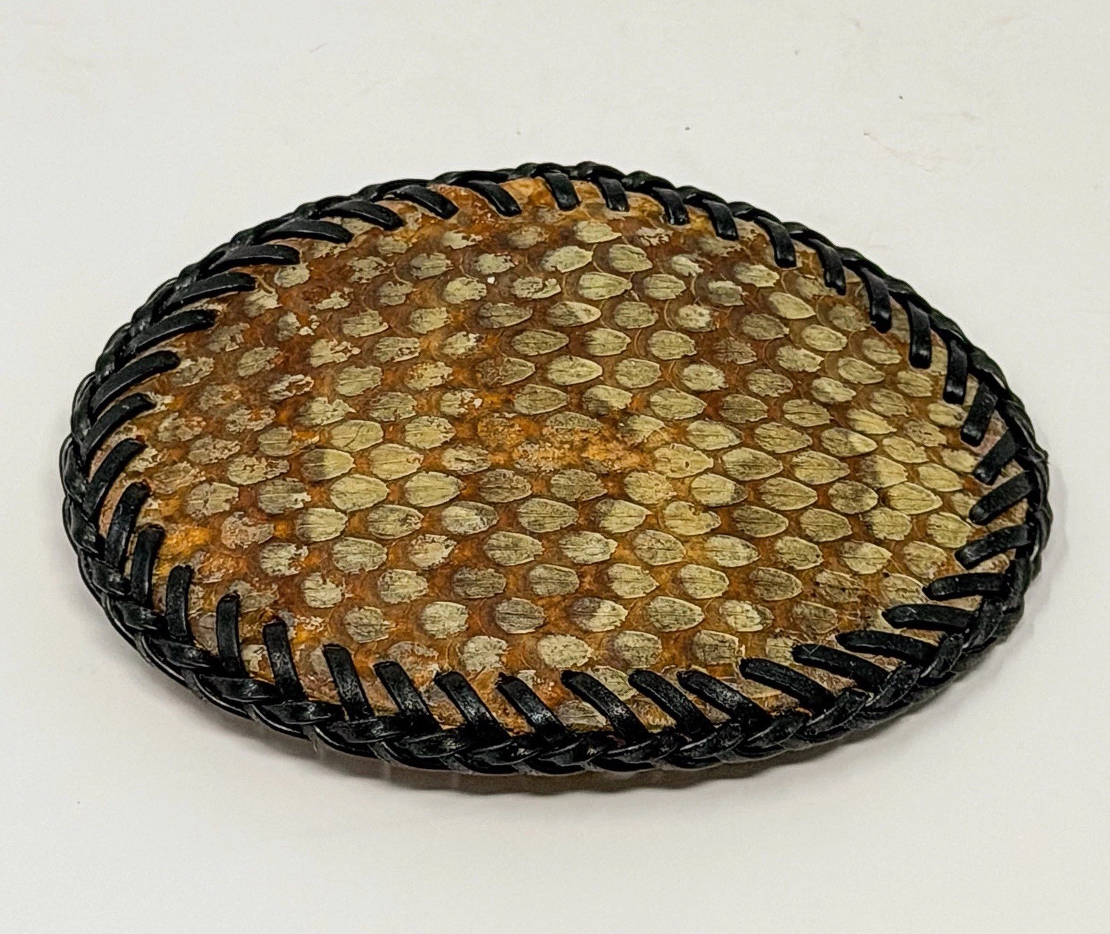Vintage Genuine Rattlesnake Skin Belt Buckle Hand Stitched Western Leather