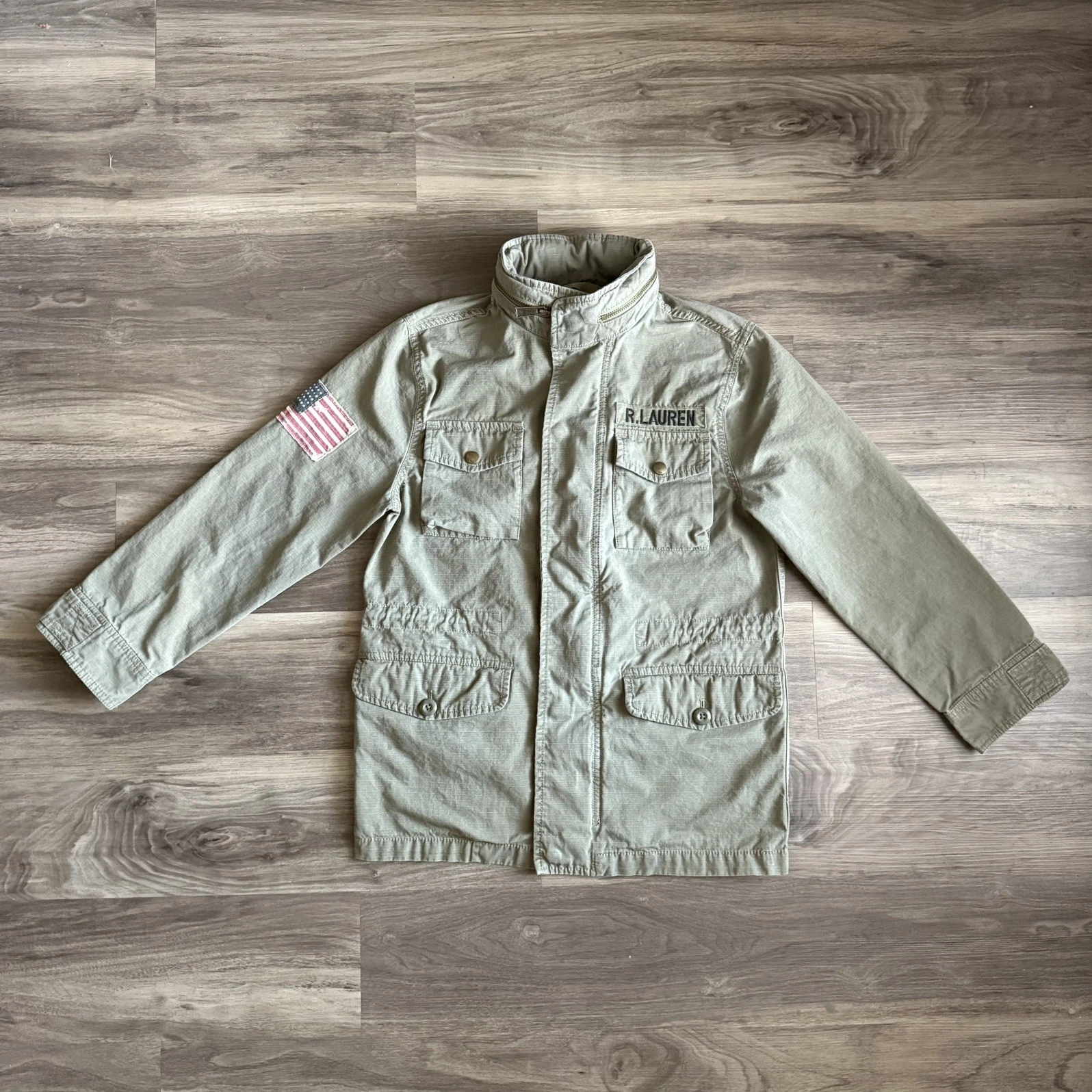 Polo Ralph Lauren Jacket Boys 10-12 M Green Military Parka Flag Patch Hooded USA