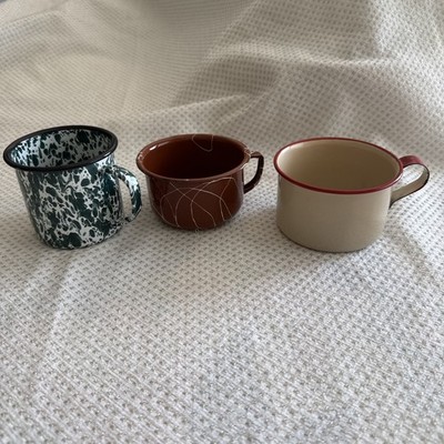 VTG Enamelware 3 Different Cups All Great Condition No Chips Various Sizes