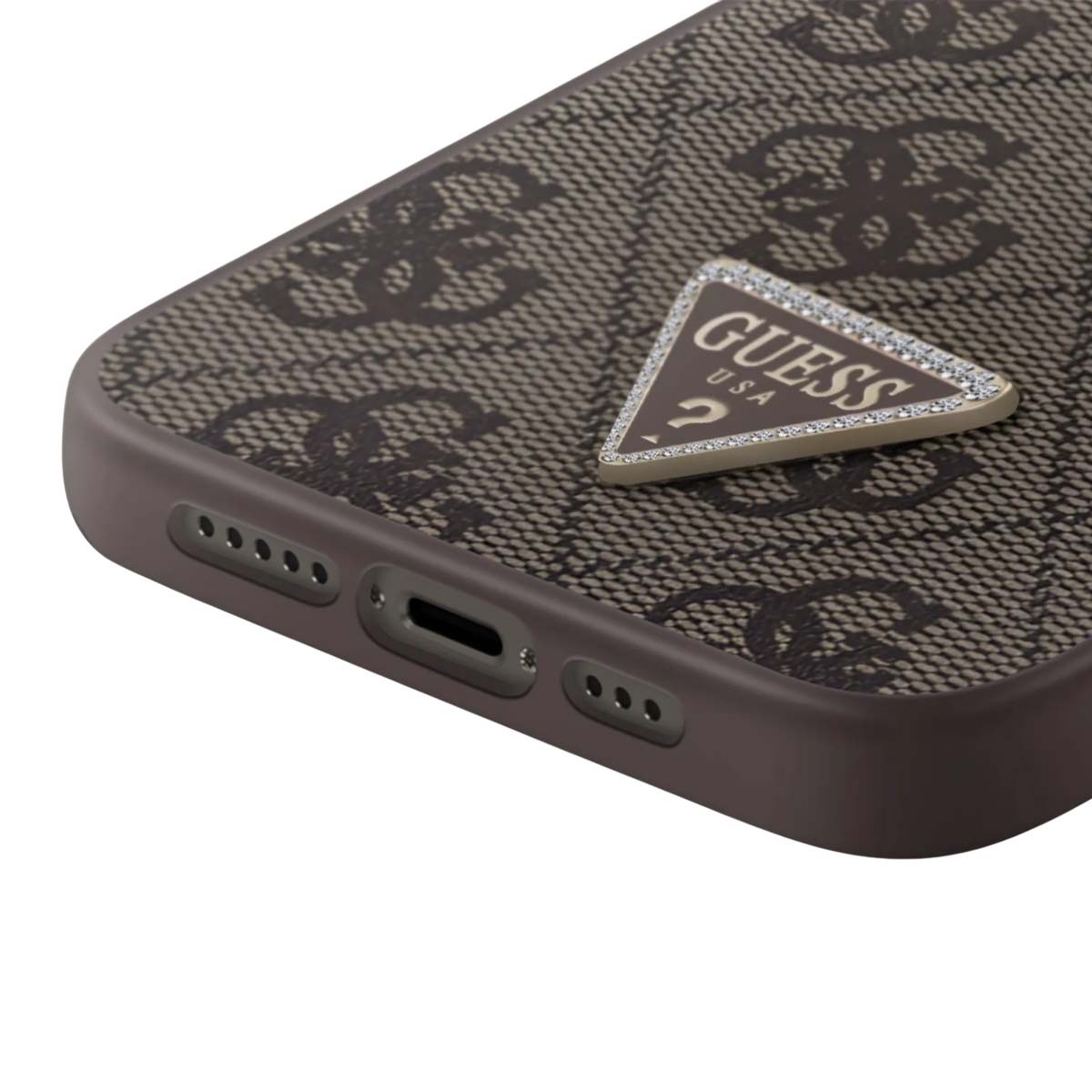Coque iPhone 15 Pro Guess Triangle Strass 4G Marron Antichoc