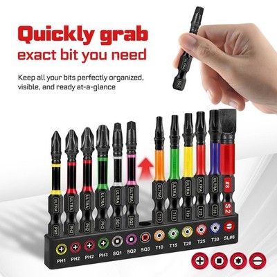 13Pcs Impact Screwdriver Bit Set,50mm S2 Steel Magnetic Bits w/Holder-PH SQ T SL