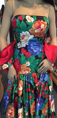 Carmen Miranda Satin Floral Flamenco Spanish Dance Dress W Bolero X SMALL
