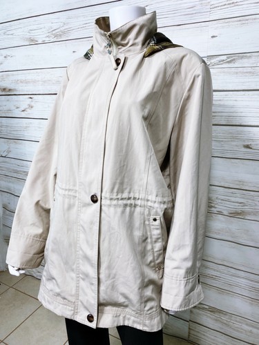 Liz Claiborne Womens Hooded Jacket Beige L/XL Full Zip Buttons Pockets Overcoat - Picture 3 of 8