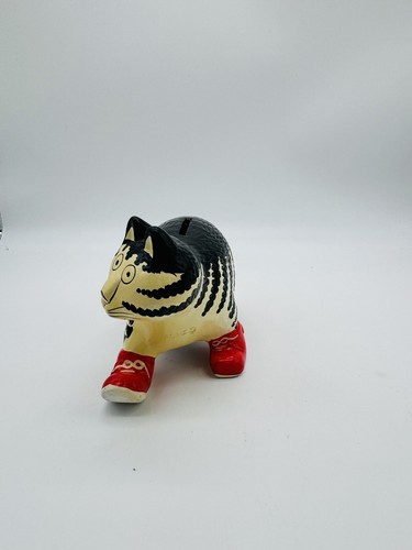 Vintage Takahashi Cat Coin Bank Black White Striped Red Sneaker Kliban Style - Picture 5 of 11
