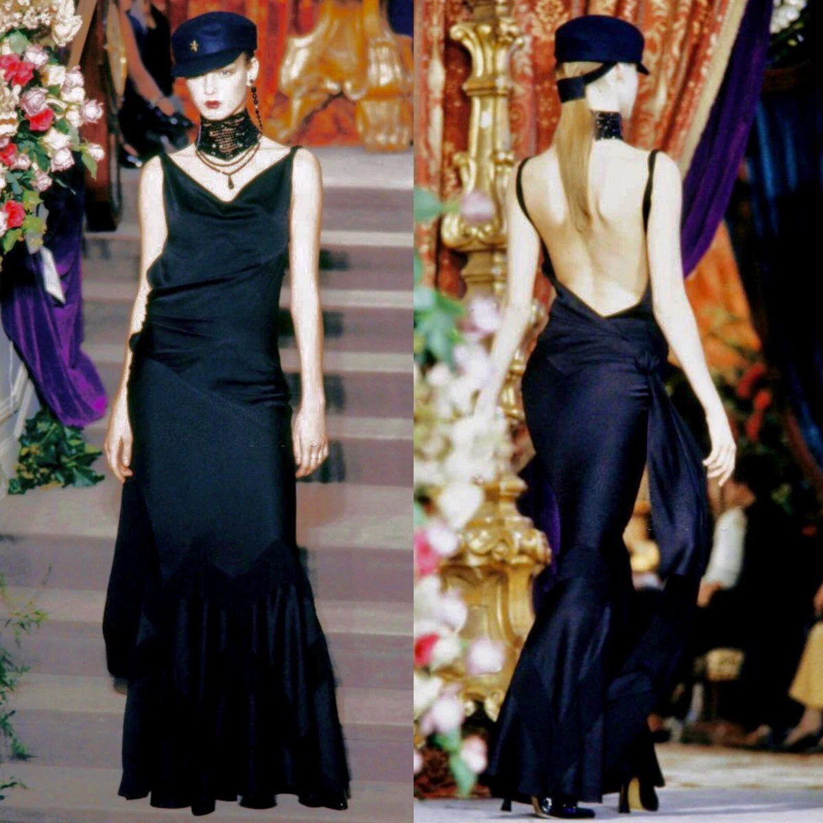 DIOR VINTAGE BLACK SATIN BIAS CUT MAXI DRESS SIZE 42 BY JOHN GALLIANO 1999