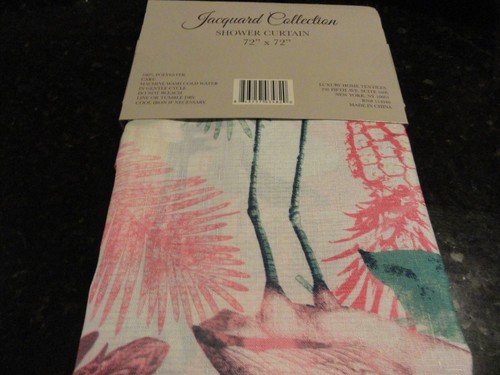 new~fabric SHOWER CURTAIN~Tropical Pink FLAMINGOS Bluish Green Leaves pineapples - Picture 3 of 4