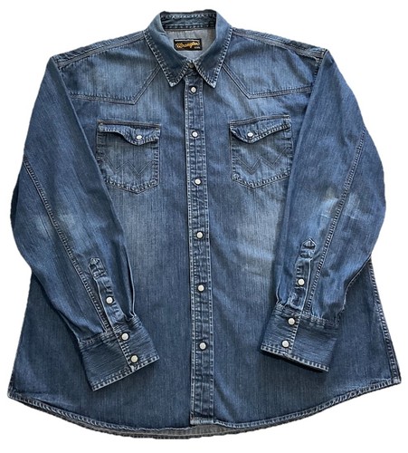 Camicia western vintage Wrangler uomo bottoni a pressione lavaggio scuro denim pesante taglia XXL