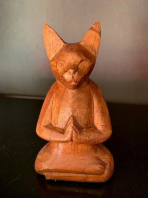 Carved Teak Anjali Mudra Yoga Buddha Cat   24871