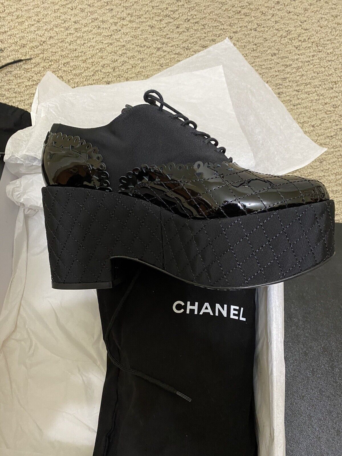 CHANEL Shoes CC PVC Clear Black Patent Leather Toe Platform High Heels   Chelsea Vintage Couture