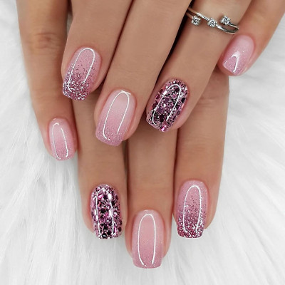 Press on Nails Medium Square Fake Nails with Glitter Sequins Designs Gradient Na
