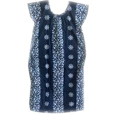 Boho Summer Blue Cotton Nightie Dress L-54" Slip-On Printed Beach Gown
