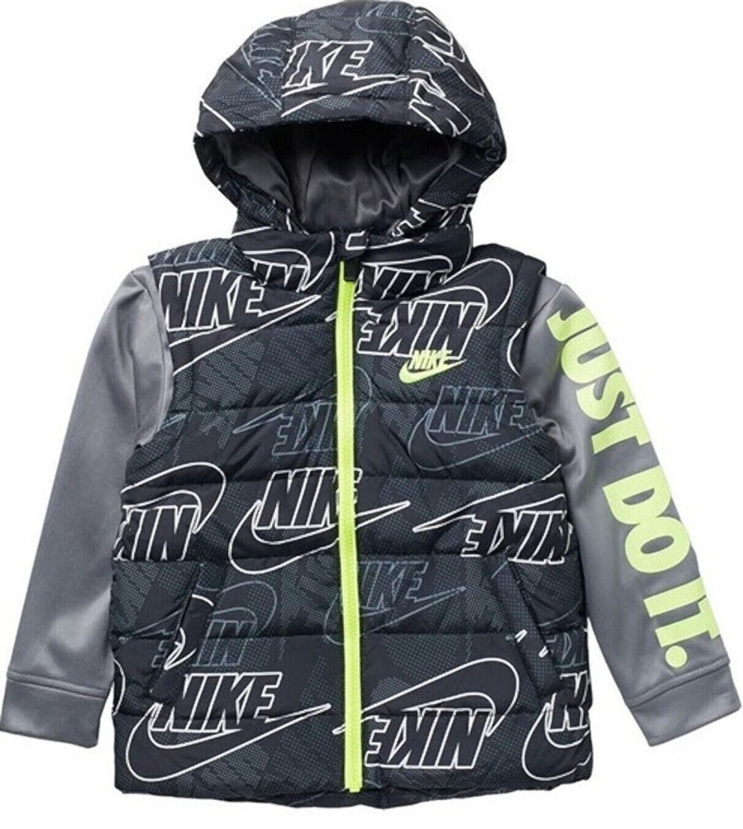 Nike Boys Logo Print Black/Volt Size Therma Padded Mock Vest