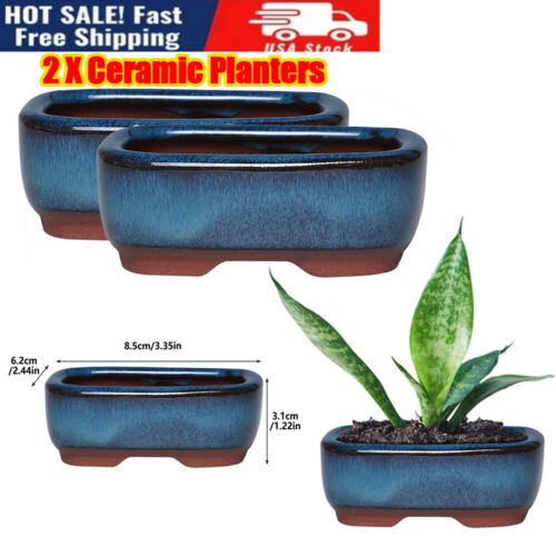 2X Rectangle Ceramic Garden Planter Pots Ceramic Plant Pots with Drainage Holes