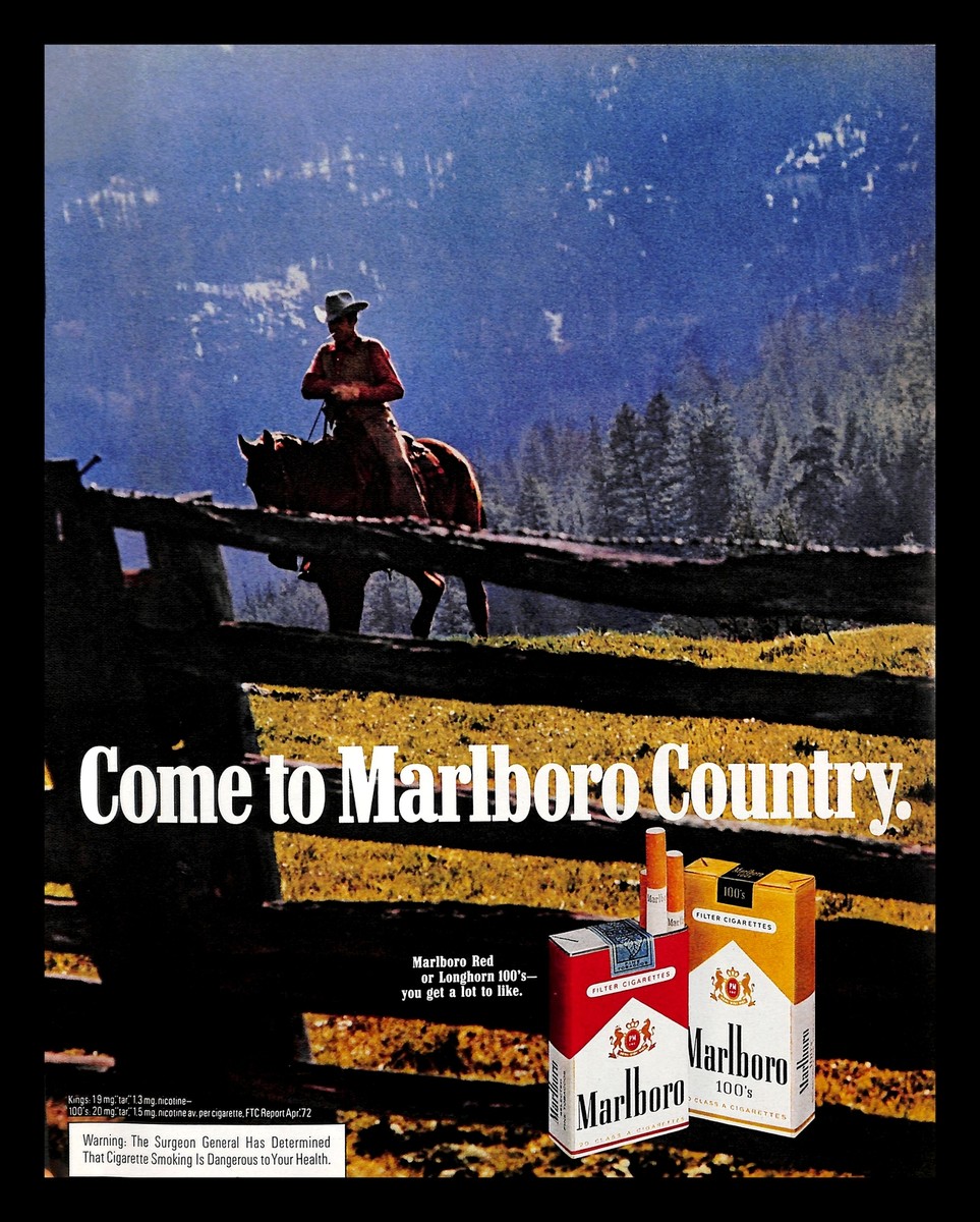 1972 Marlboro Cigarettes Vintage PRINT AD Country Cowboy Horse Mountains  1970s