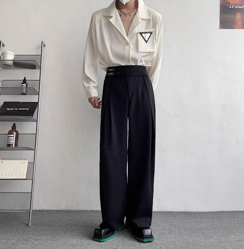 Men Wide Leg Pants Japanese Casual Loose Metal Buckle