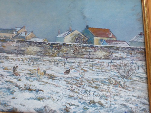 Maurice Bouillot 1937 Painting on Board "Les Poules Dans La Niege" Signed - 第 5/7 張圖片