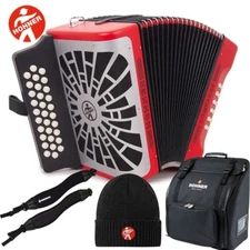 Hohner Compadre FBE Fa 31 Button Accordion Red With Bag, Straps and Beanie