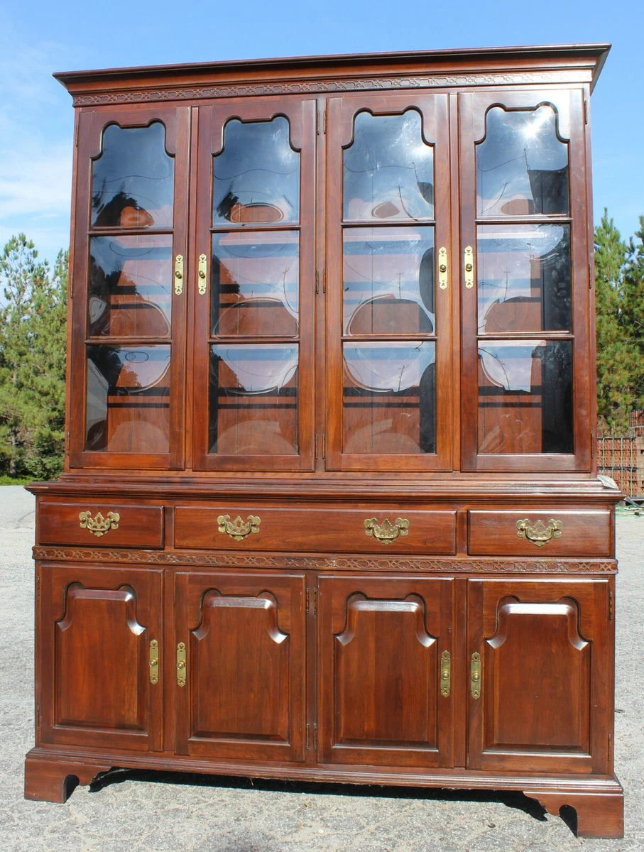 Vintage Ethan Allen Cherry Bubble Glass Illuminated China Cabinet Hutch Bookcase