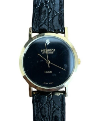 Helbros Invincible Watch Women Gold Tone Black Dial Leather Band New Battery