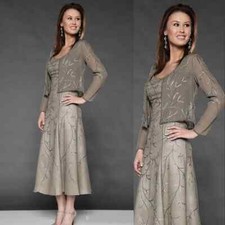 Mother Of The Bride Dresses With Jacket Crystal Beading Sheer Tea Length