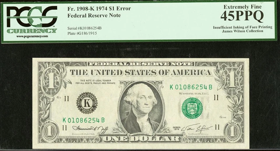 1974 $1 Federal Reserve Note PCGS 45PPQ - Insufficient Inking of Face - Error - Image 2 of 3