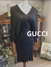 Gucci Black V Neck Drape Dolman Sleeve Dress Metal Button M Auth