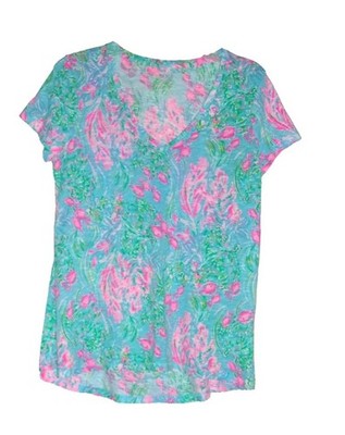 Lilly Pulitzer Abstract Swimming Fish Top Blue Pink Sz. S Cotton Impressionist