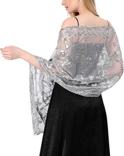 Sequin Floral Shawls and Wraps for Evening Dresses,Women Sparkly Sheer Mesh Wedd