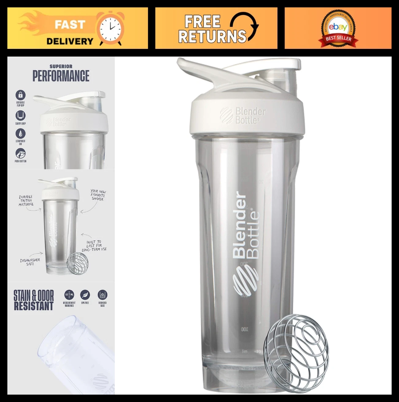 28-Oz Tritan Shaker Bottle with Locking Lid | BPA-Free Protein Mixer, White