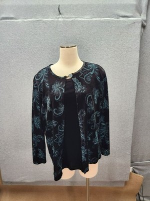 Elementz Womens XL Black & Turquoise Paisley Cardigan With Sparkling Button Deta