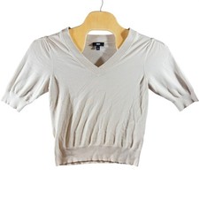 418  DKNY Womens Medium V-Neck Short Sleeve Knit Sweater Top Cream