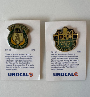 VTG Oakland Athletics A's MLB Pins Unocal 76, World Series 1973 &1989 3/5 & 5/5