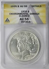 1935 Peace Dollar $1 AU 55 Details Environmental Damage Cleaned ANACS