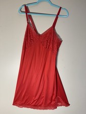 Vintage Red Nylon Full Slip with Shadow Panel Lace Trim Size 36/38