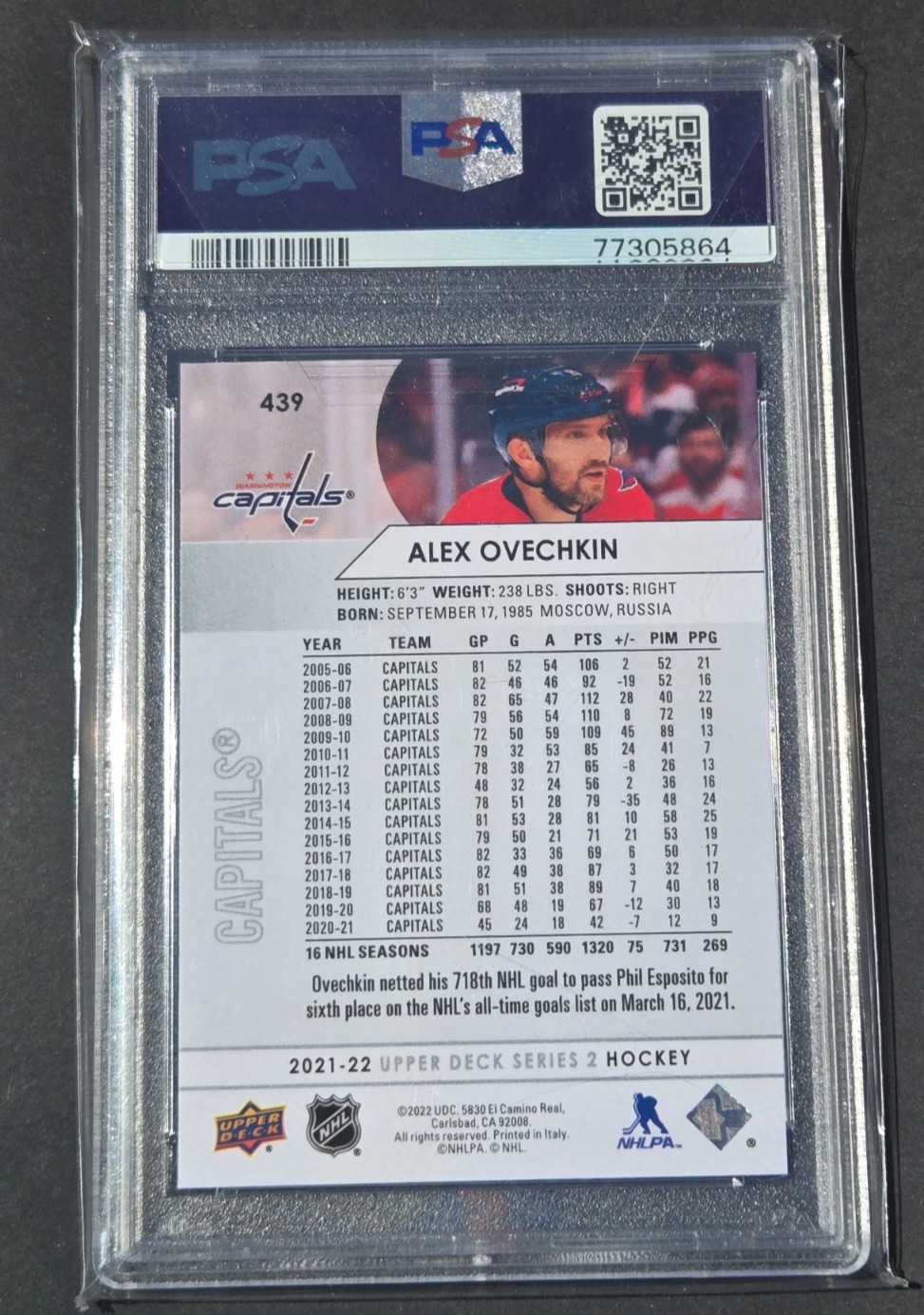 2021 Upper Deck #439 Alexander Ovechkin PSA 10 GEM MT view 2