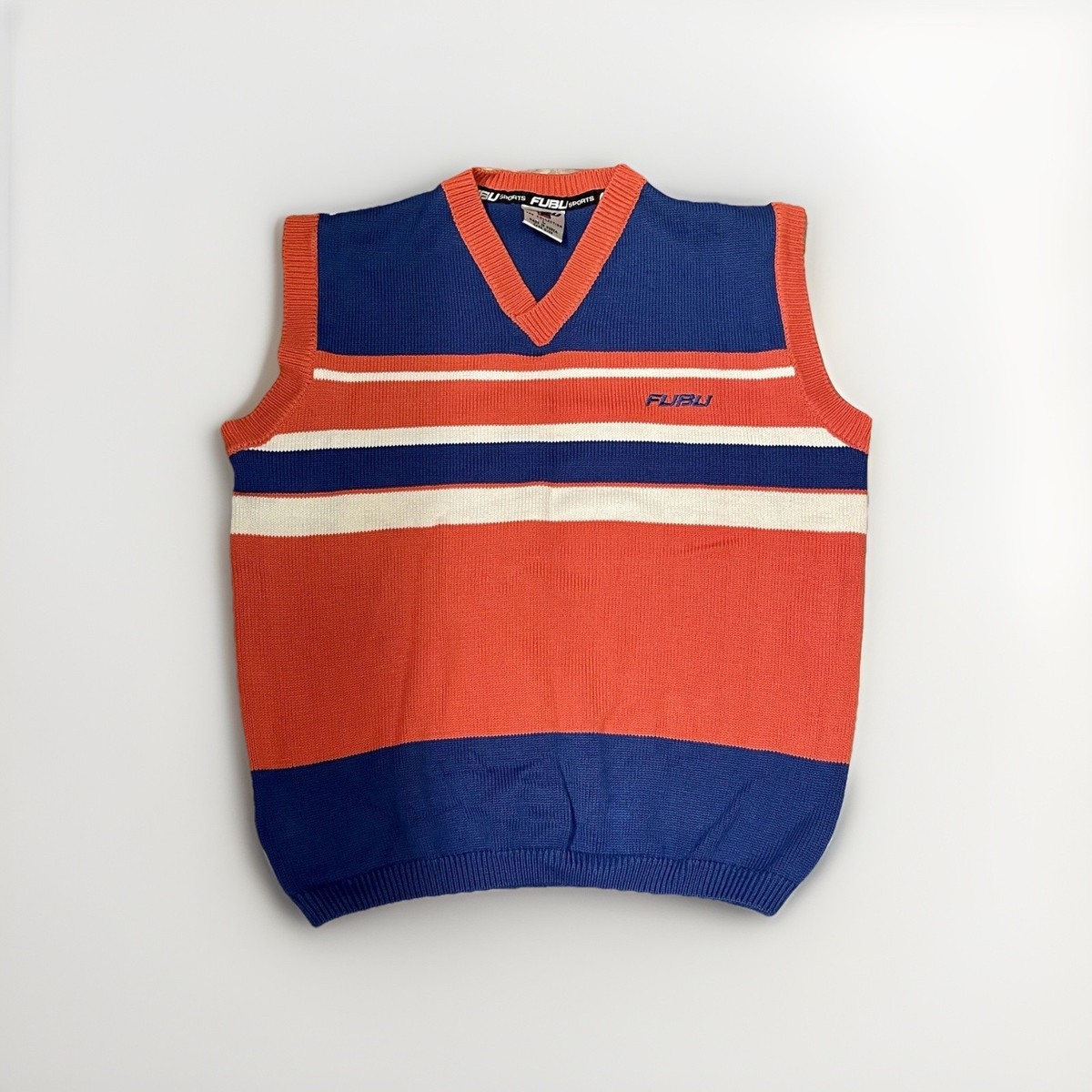 Rare Vintage 90s FUBU Knit Sweater Vest Orange Blue White, Large 