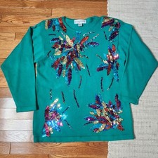 Vintage Victoria Harbour Sequin Sweater Green Floral Long Sleeve Crew Pullover L
