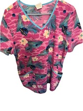 Jurassic World Floral Pattern Scrub Top Short Sleeve V-Neck Pink Blue Yellow