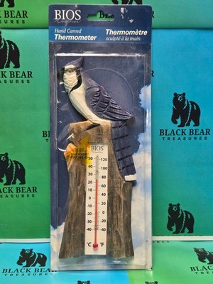 Bios Weather Blue Jay Thermometer Hand Carved Wood 10 inch