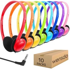 Kids Headphones Bulk 10 Pack Mixed Colors Wired On Ear Adjustable Classroom