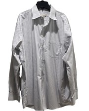 Men s Pronto Uomo White Blue Stripe Button Up Cotton Dress Shirt - 17.5 34/35