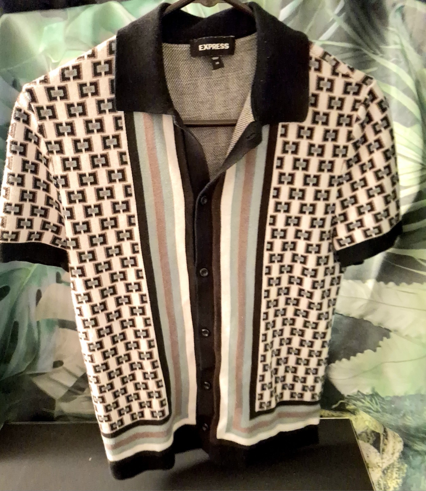 Mens XS Express Ivory Navy Blue Button Front Polo Sweater Shirt EUC Retro Resort
