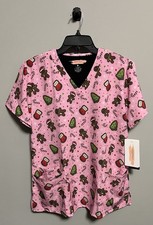 NWT eliteMed Large Women  s Top Scrubs Pink W/ Christmas Tree Candy Cane Stocking