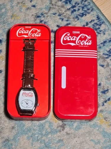 Vintage Coca Cola Watch in Metal Tin Leather Band New -needs New Battery