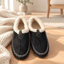 Women s Size 9 Black Faux Suede Faux Fur Lined Moccasin Slippers Rubber Sole