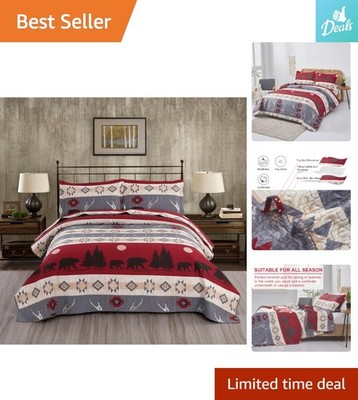 Lightweight King Size Lodge Quilt Set with Rustic Bear Print - 1 Quilt + 2 Shams