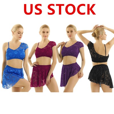 US 2PCS Women Ballet Lace Tutu Skirt Lyrical Costume Ballet Dance Dress Costume